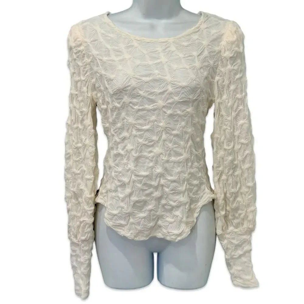 Anthropologie BTFL Life Ivory Textured Popcorn Bishop Sleeve Blouse Sz S NEW Tag